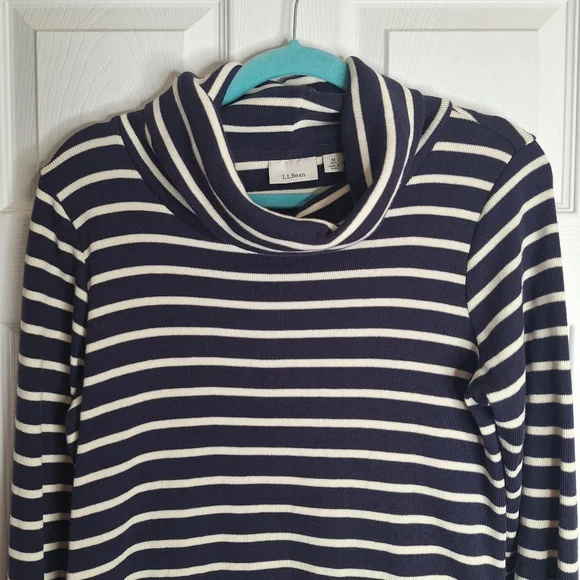 L.L. Bean Navy Blue Striped Cowl Neck Sweater Size Medium - Picture 3 of 7